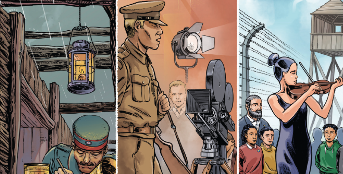 Dreigeteilte Zeichnung im Comicstyle. Link: ein Soldat in französischer Uniform des Ersten Weltkrieges in einem Schützengraben. Er graviert künstlerische Motive in eine Metalhülse. Mitte: Ein Filmset. Es sind auch zwei Personen in britischen Uniformen des zweiten Weltkrieges zu sehen. Rechts: Eine Frau spielt Geige. Zu ihren Füßen Vergissmeinnicht auf einer Rasenfläche. Dahinter eine Gruppe Menschen. Ganz im Hintergrund ein hoher Stacheldrahtzaum und ein Wachturm. 