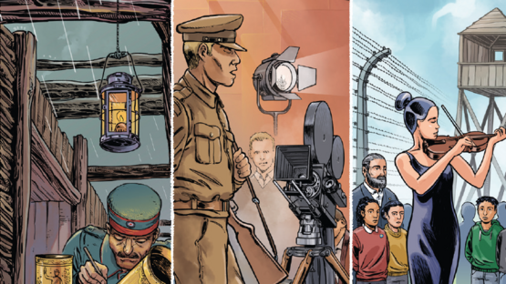 Dreigeteilte Zeichnung im Comicstyle. Link: ein Soldat in französischer Uniform des Ersten Weltkrieges in einem Schützengraben. Er graviert künstlerische Motive in eine Metalhülse. Mitte: Ein Filmset. Es sind auch zwei Personen in britischen Uniformen des zweiten Weltkrieges zu sehen. Rechts: Eine Frau spielt Geige. Zu ihren Füßen Vergissmeinnicht auf einer Rasenfläche. Dahinter eine Gruppe Menschen. Ganz im Hintergrund ein hoher Stacheldrahtzaum und ein Wachturm. 